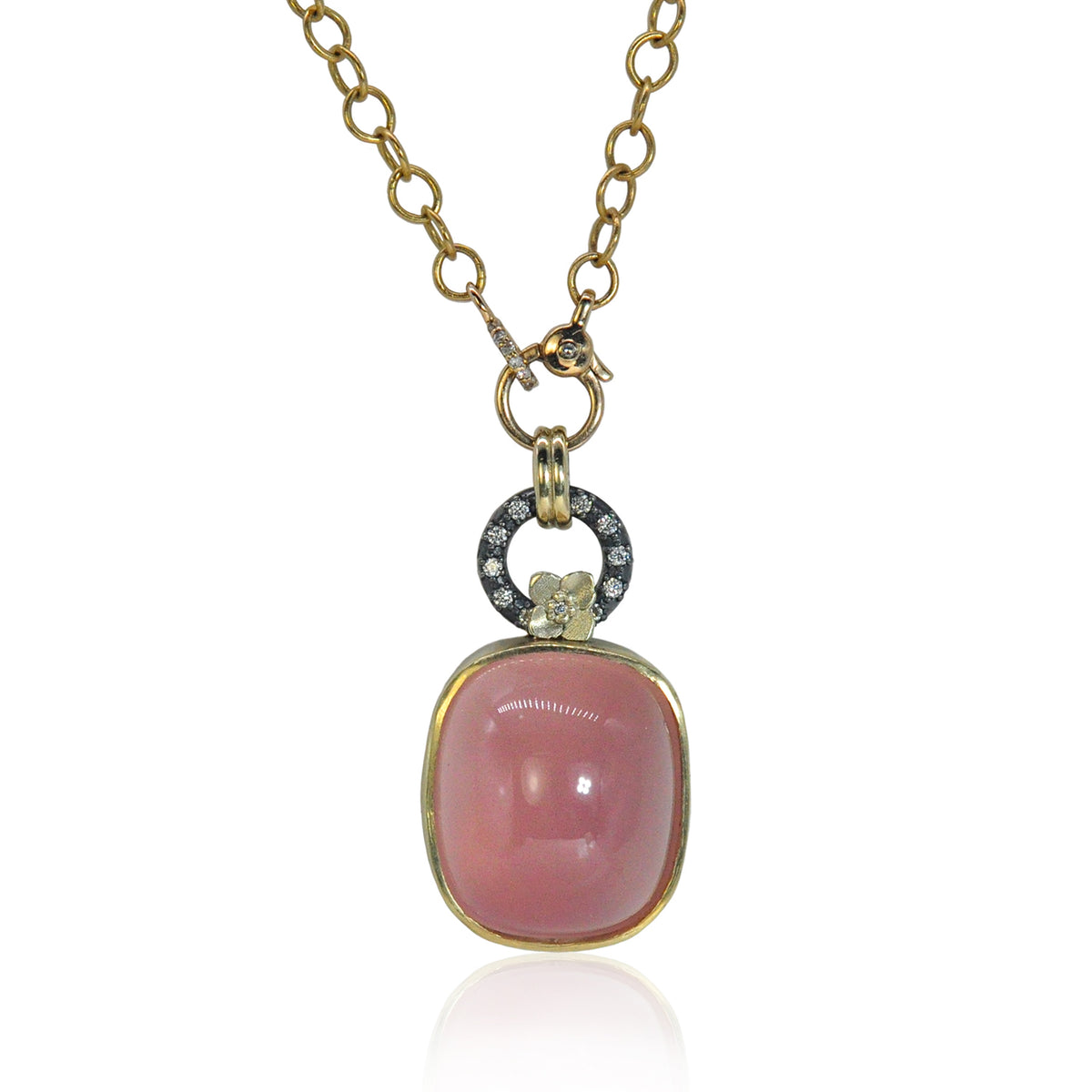 Cushion Cut Rose Quartz Pendant with Oxidized Silver Halo Topper & Hydrangea on chain | Rebecca Myers Collection