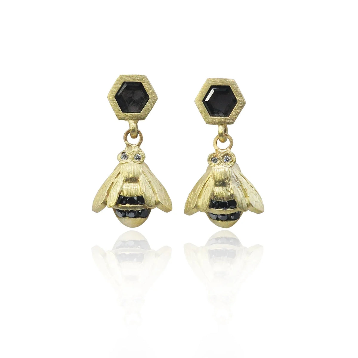 Medium Bumble Bee Earrings with Black Diamond Hex Toppers | Rebecca Myers Collection