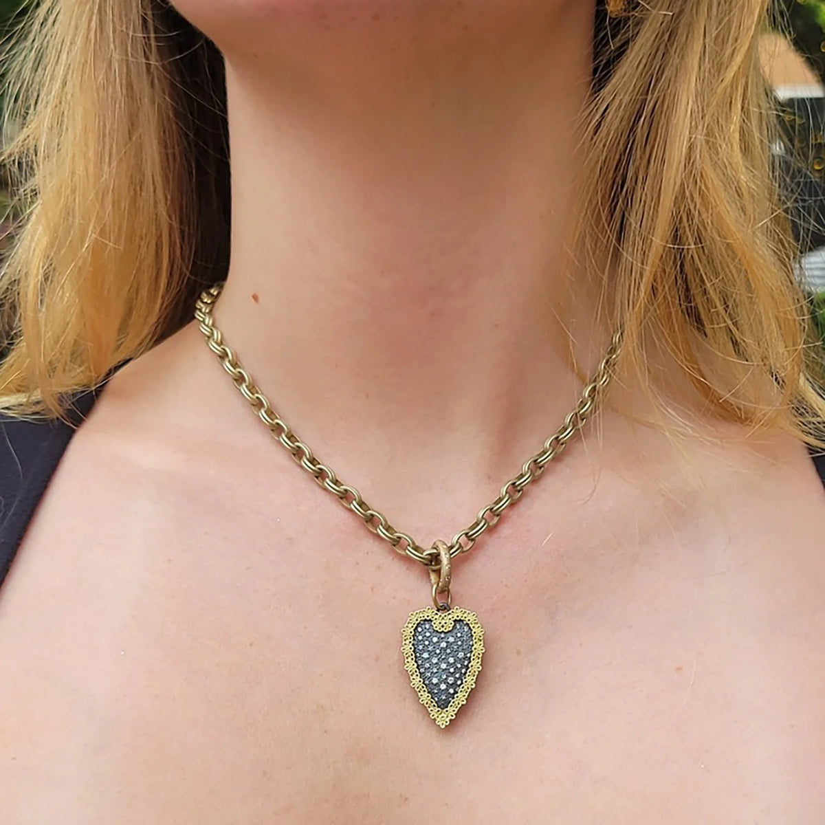 Large Framed Pave Diamond Heart on Handmade 14k Yellow Gold Chain on white female model | Rebecca Myers Collection