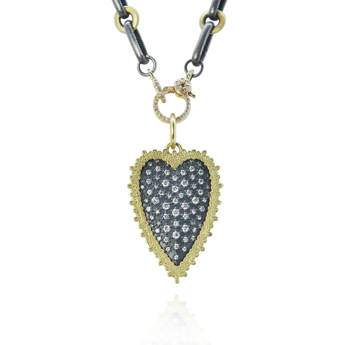 Large Framed Pave Diamond Heart Locket on Handmade Oxi Silver & 14k Yellow Gold Chain with Gold & Diamond Charm Holder Clasp | Rebecca Myers Collection