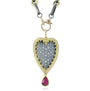 Large Framed Pave Diamond Heart with Ruby Drop Pendant on Handmade Oxi Silver Oval Link & 14k Yellow Gold Round Link Chain with Gold & Diamond Charm Holder Clasp | Rebecca Myers Collection