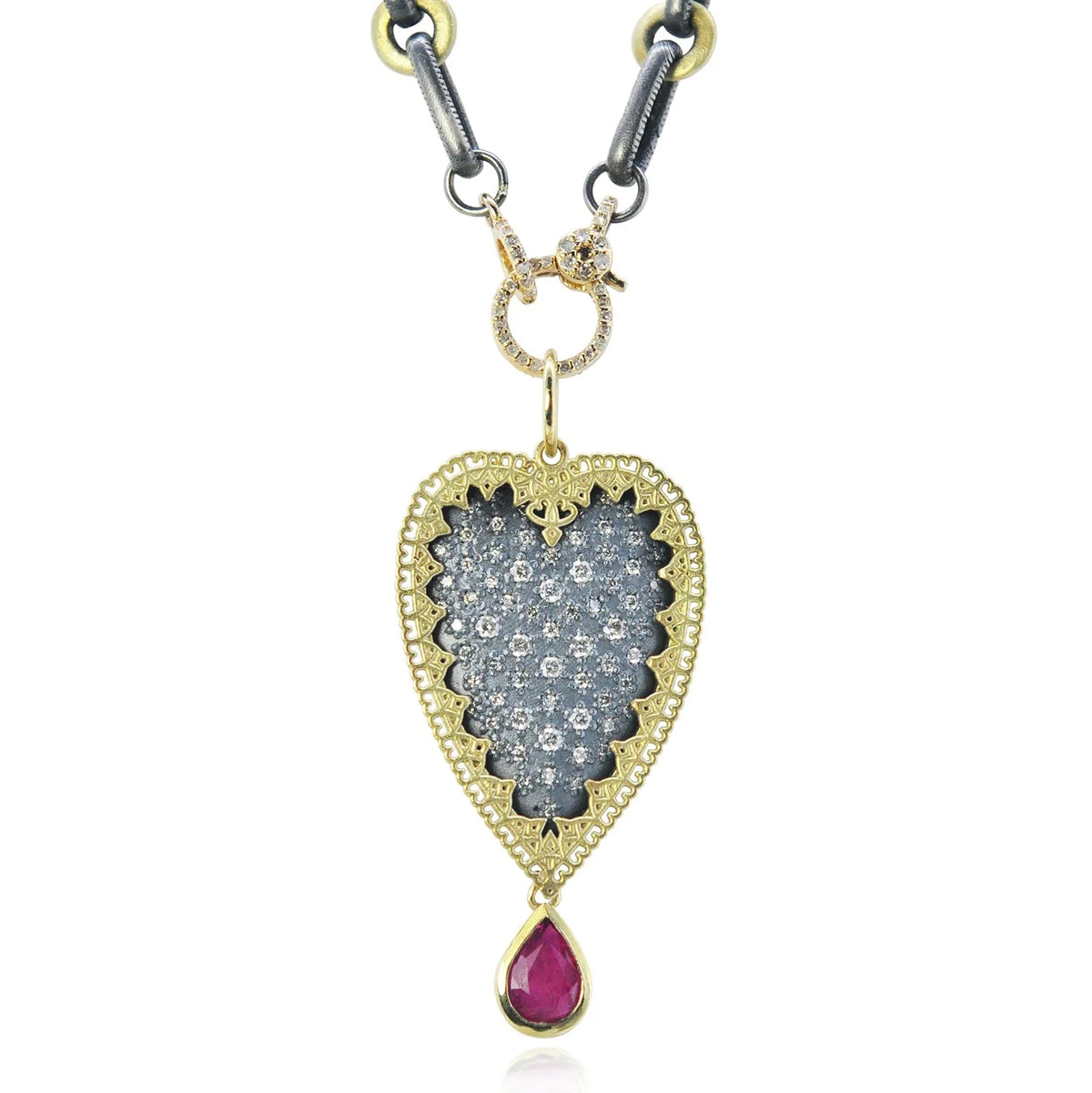 Large Framed Pave Diamond Heart with Ruby Drop Pendant on Handmade Oxi Silver Oval Link & 14k Yellow Gold Round Link Chain with Gold & Diamond Charm Holder Clasp | Rebecca Myers Collection