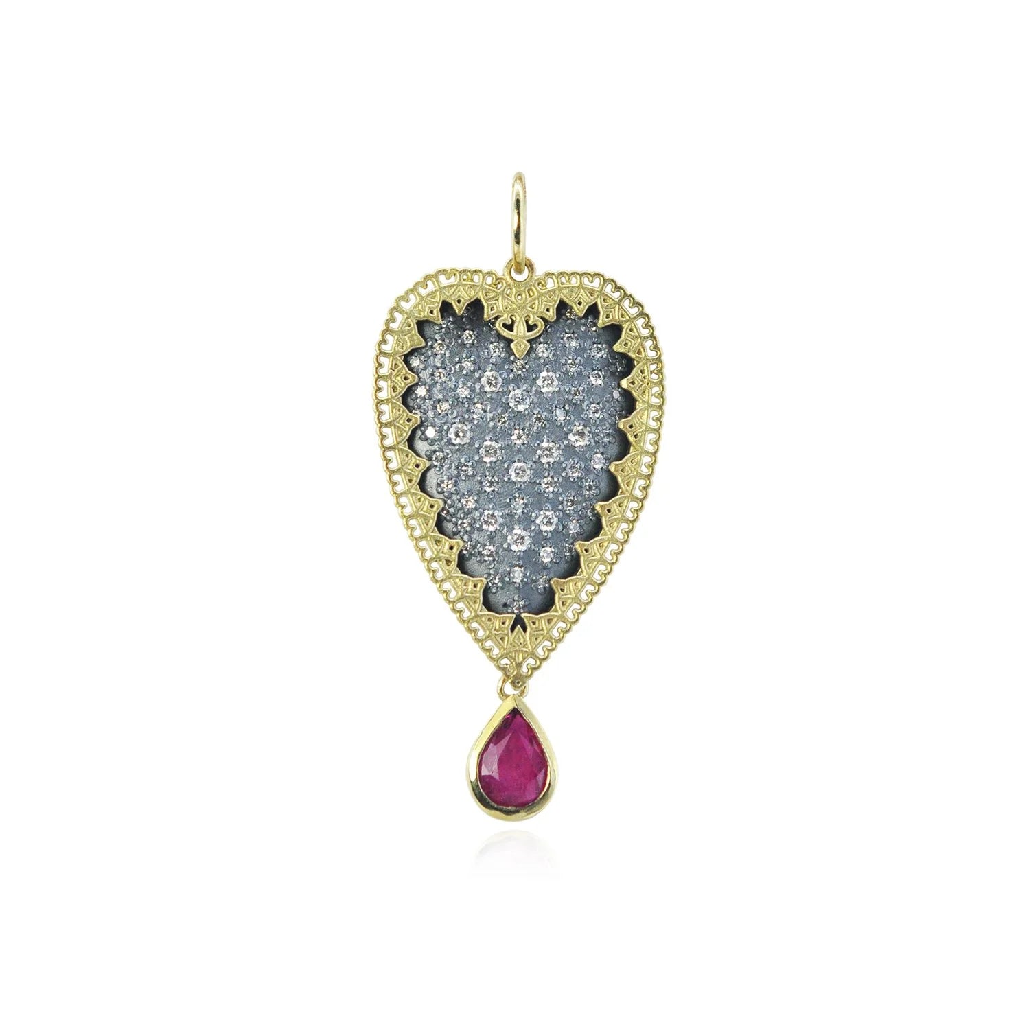Large Framed Pave Diamond Heart with Ruby Drop Pendant | Rebecca Myers Collection