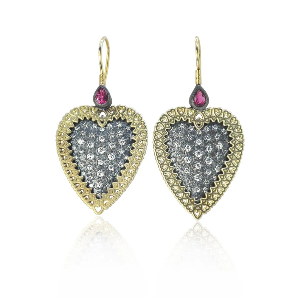 Large Framed Pave Diamond Heart Earrings with Ruby Tops | Rebecca Myers Collection