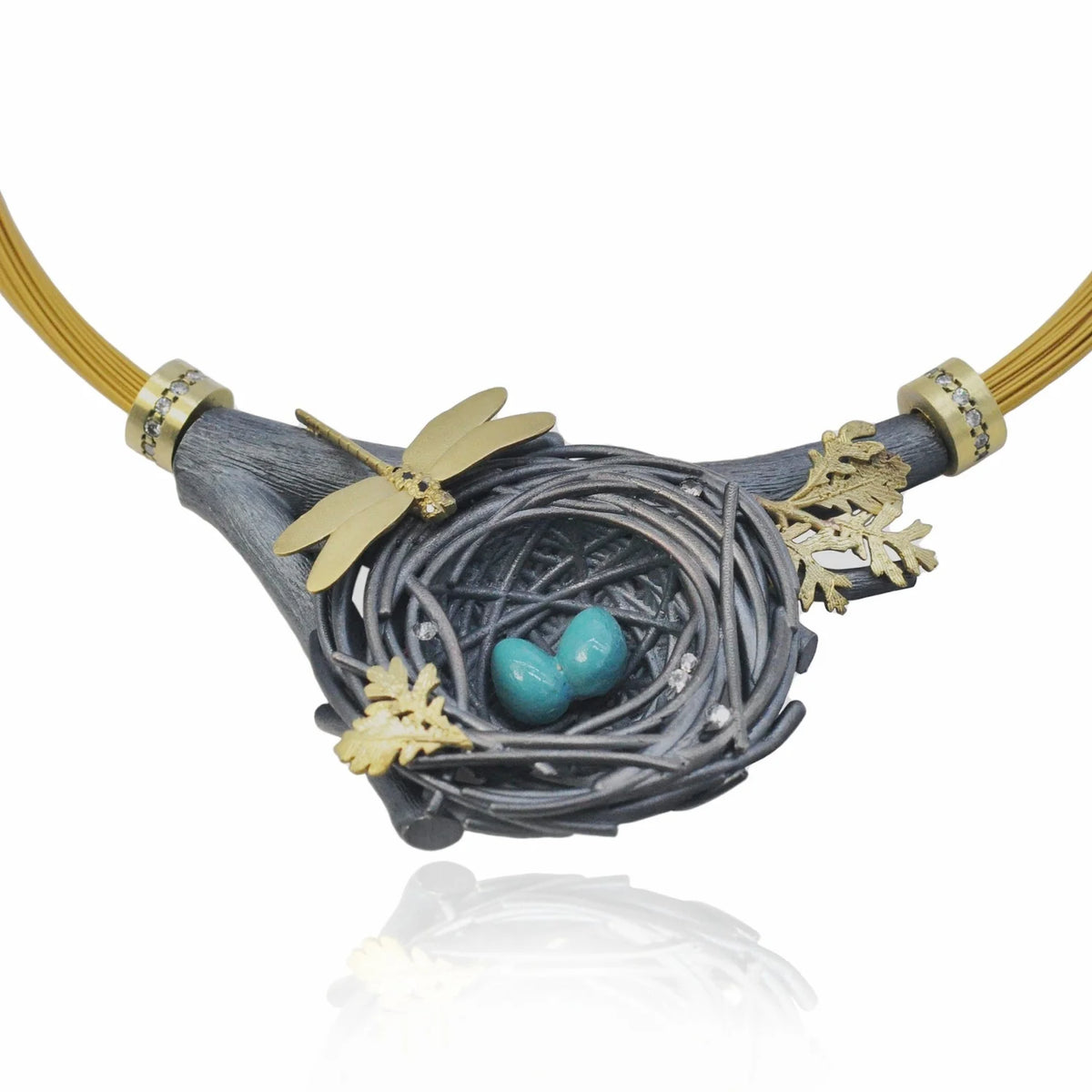 Large Nest Pendant Coil Necklace with Blue Eggs, Oak Leaves, & Dragonfly | Rebecca Myers Collection