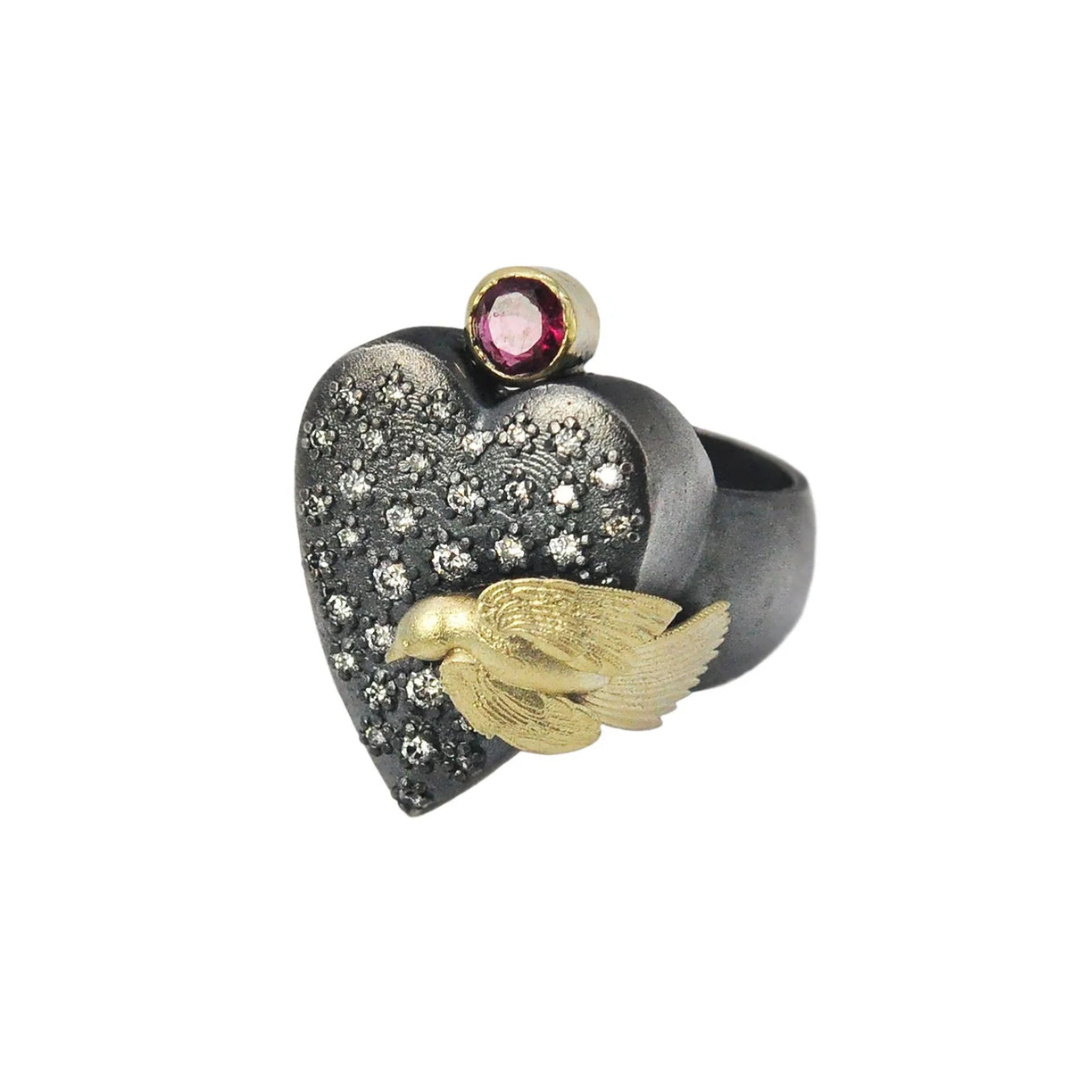 Large Heart Rings in Oxidized Silver with Pave Set Diamonds | Rebecca Myers Collection
