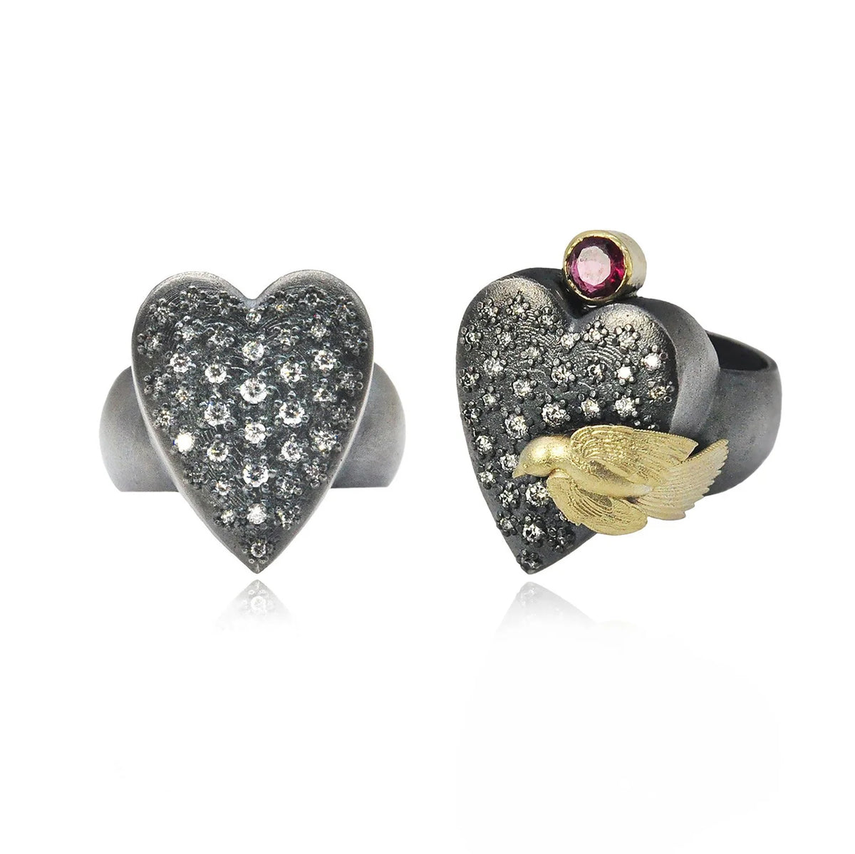 Large Heart Rings in Oxidized Silver with Pave Set Diamonds | Rebecca Myers Collection