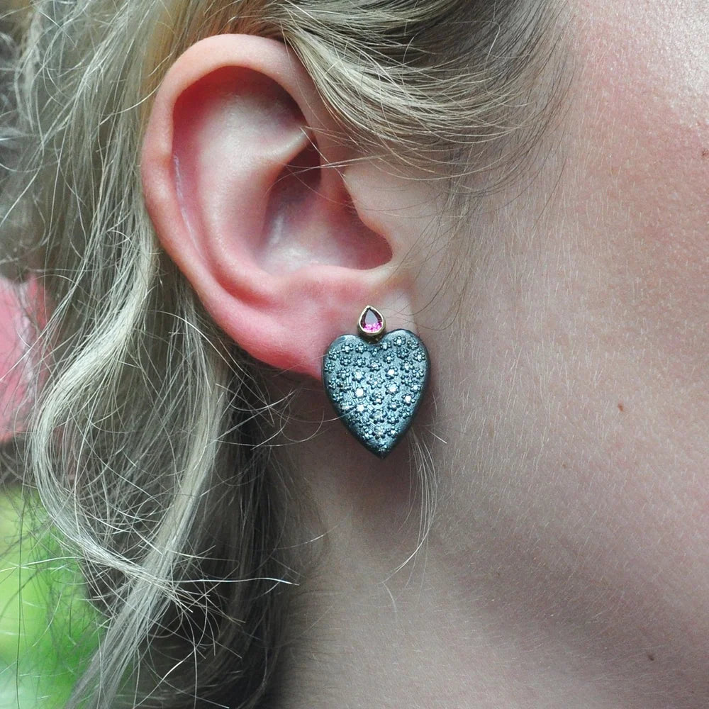 Large Pave Diamond Heart Earrings with Ruby Tops on white female model | Rebecca Myers Collection