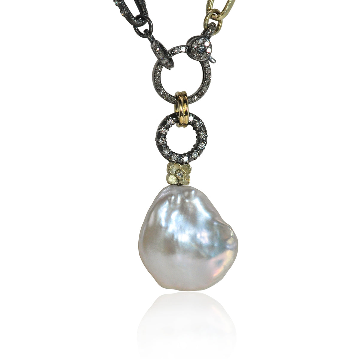 Pearl Pendant with Oxidized Silver Halo Topper & Hydrangea on chain | Rebecca Myers Collection
