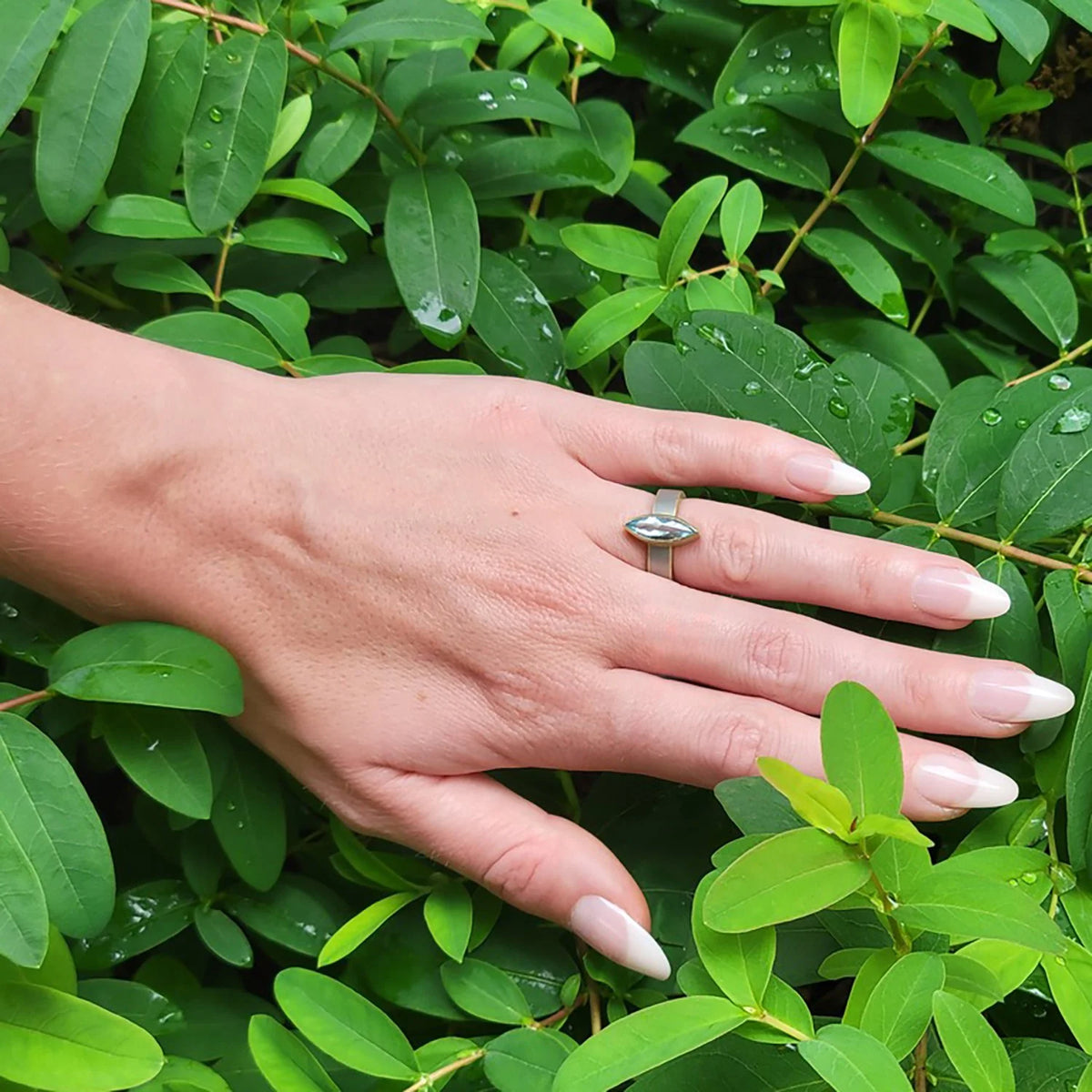 Marquise Cut Aquamarine Gemstone Ring on white female model | Rebecca Myers Collection