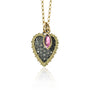Heart-shaped pendant with pink tourmaline and gold chain on white background | Rebecca Myers Collection