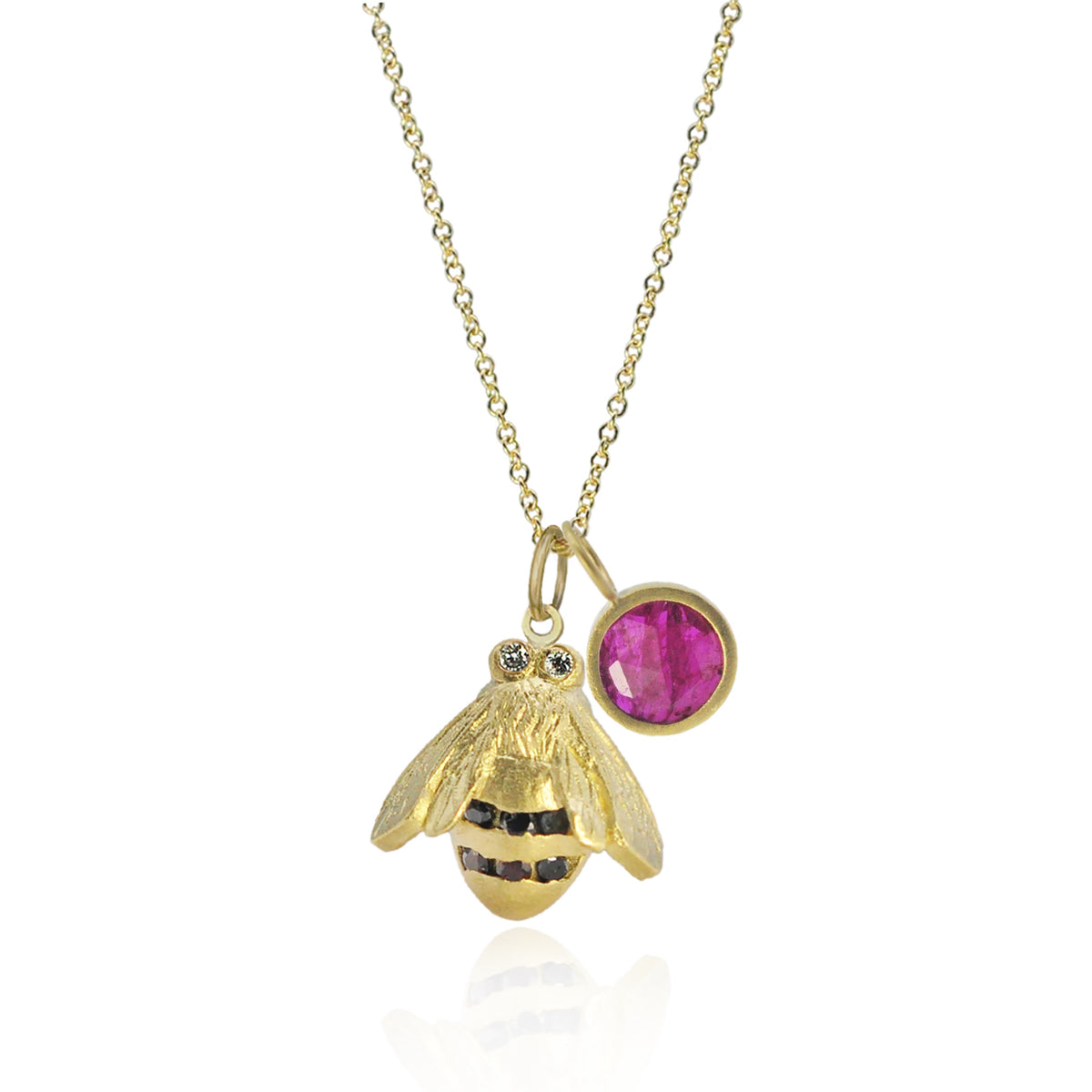 Round Ruby Slice Charm, Medium Bumble Bee Charm on Gold Cable Chain | Rebecca Myers Collection