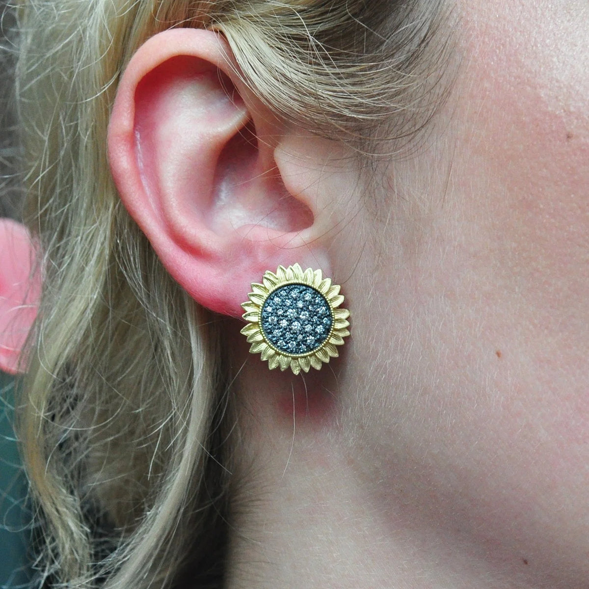 Medium Pave Diamond Sunflower Post Earrings on white female model | Rebecca Myers Collection