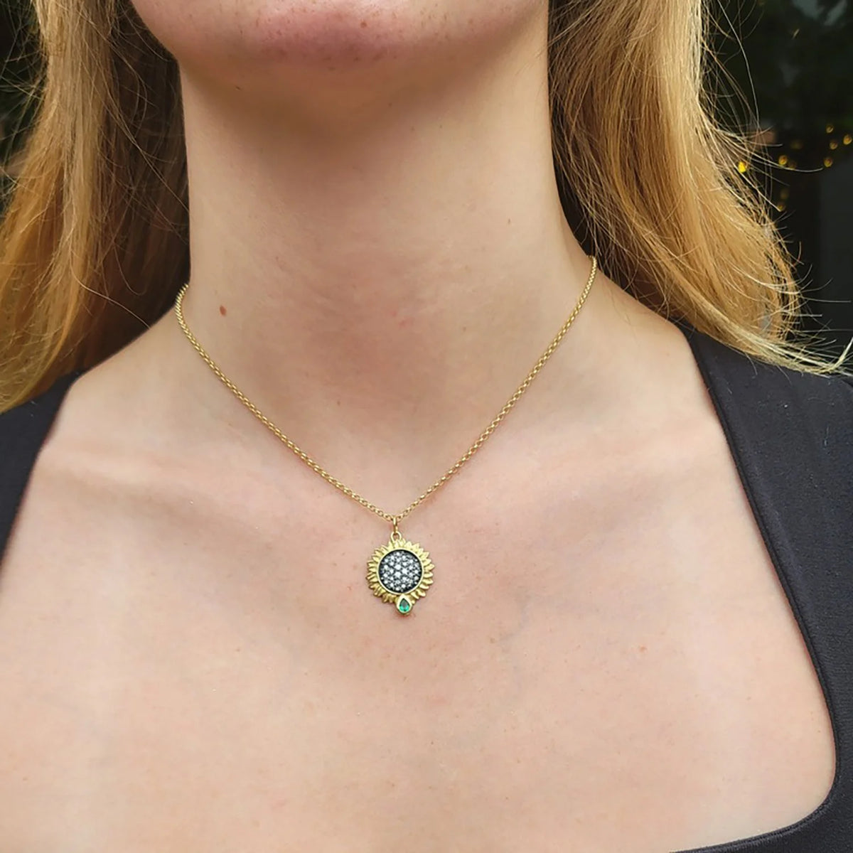  Medium Pave Diamond Sunflower with Emerald Drop Necklace on white female model | Rebecca Myers Collection
