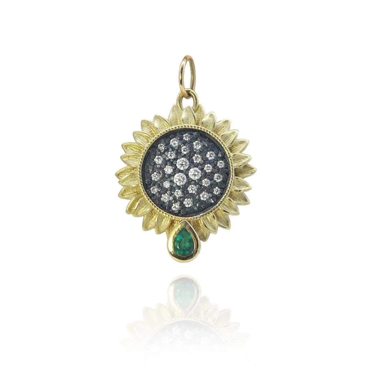  Medium Pave Diamond Sunflower Pendant with Teardrop Emerald | Rebecca Myers Collection