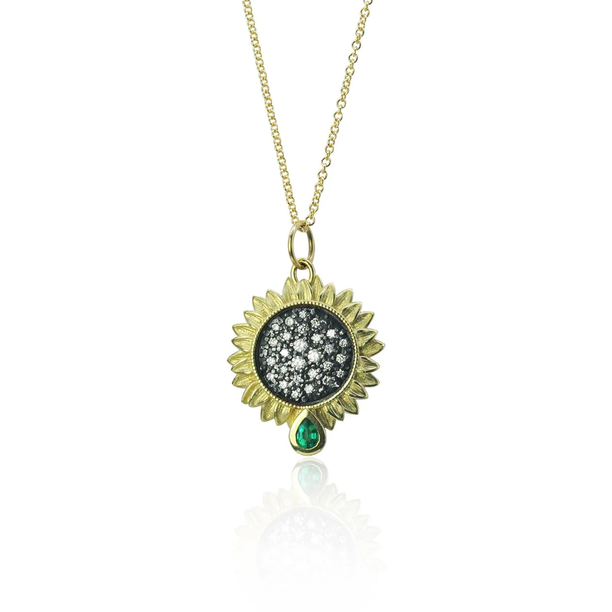 Small Pave Diamond Sunflower with Emerald Necklace | Rebecca Myers Collection