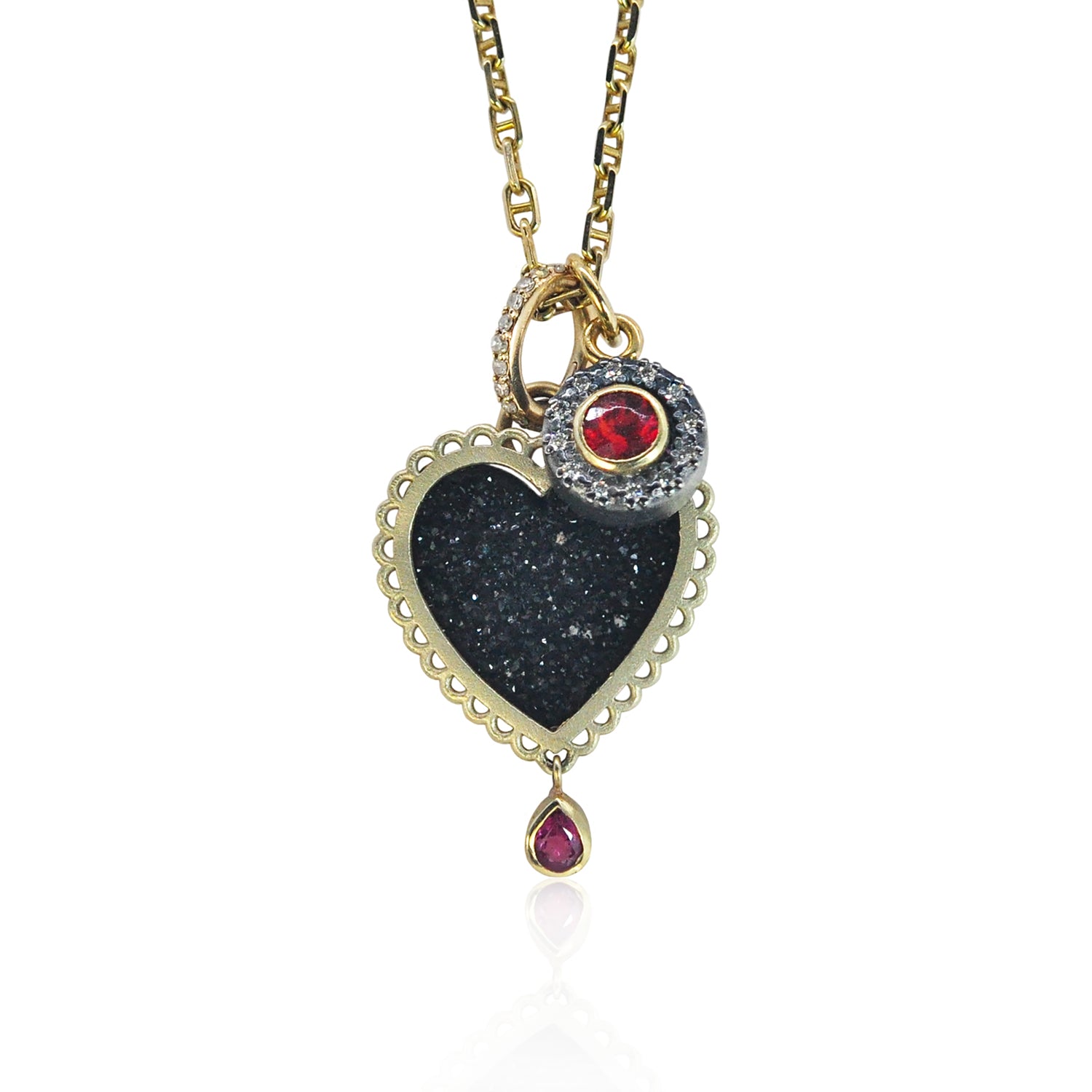 Mexican Fire Opal Halo Charm in combination with Gold Framed Black Druzy Heart Pendant with Ruby Drop on Mariner chain | Rebecca Myers Collection