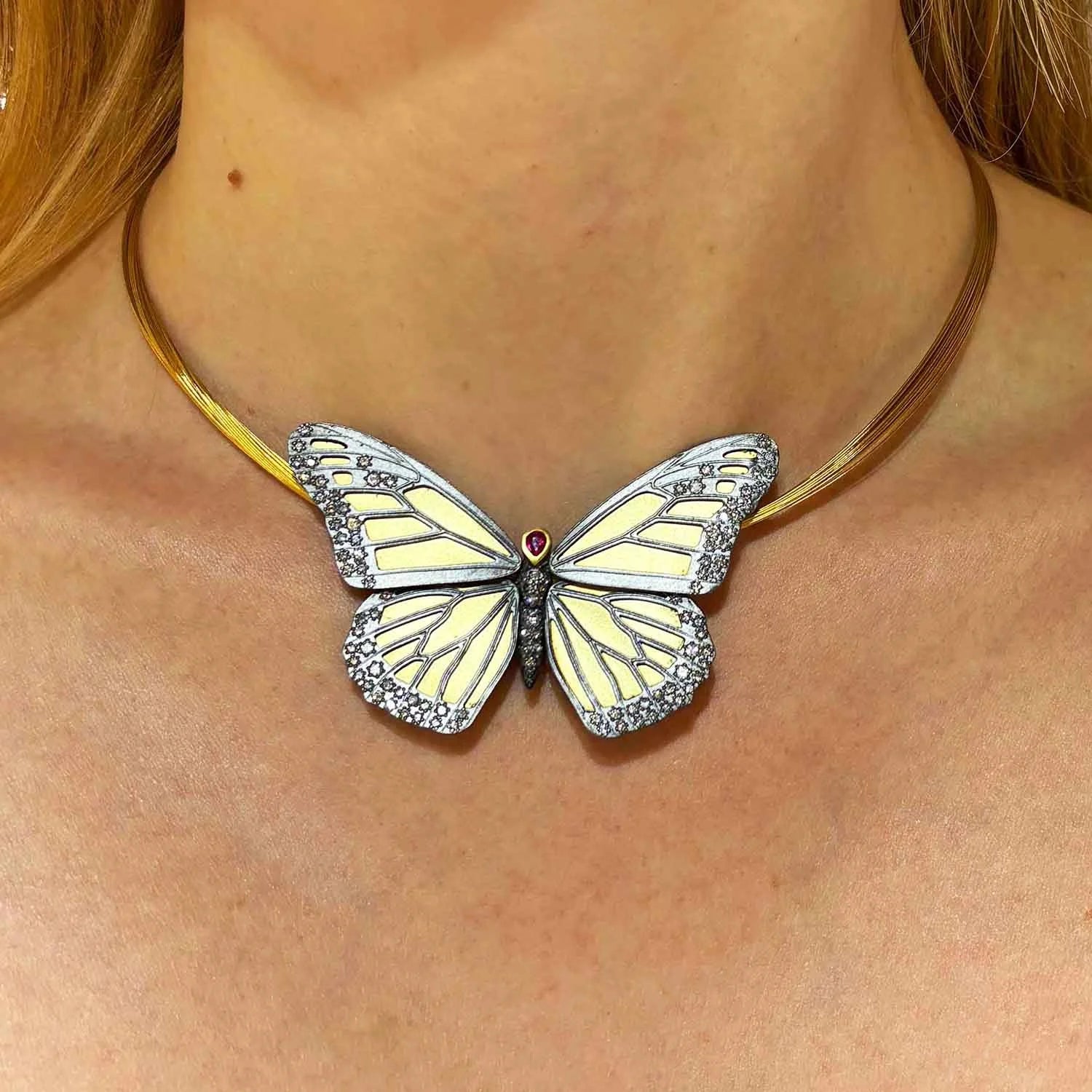 Monarch Butterfly Statement Pendant Necklace on white female model | Rebecca Myers Collection
