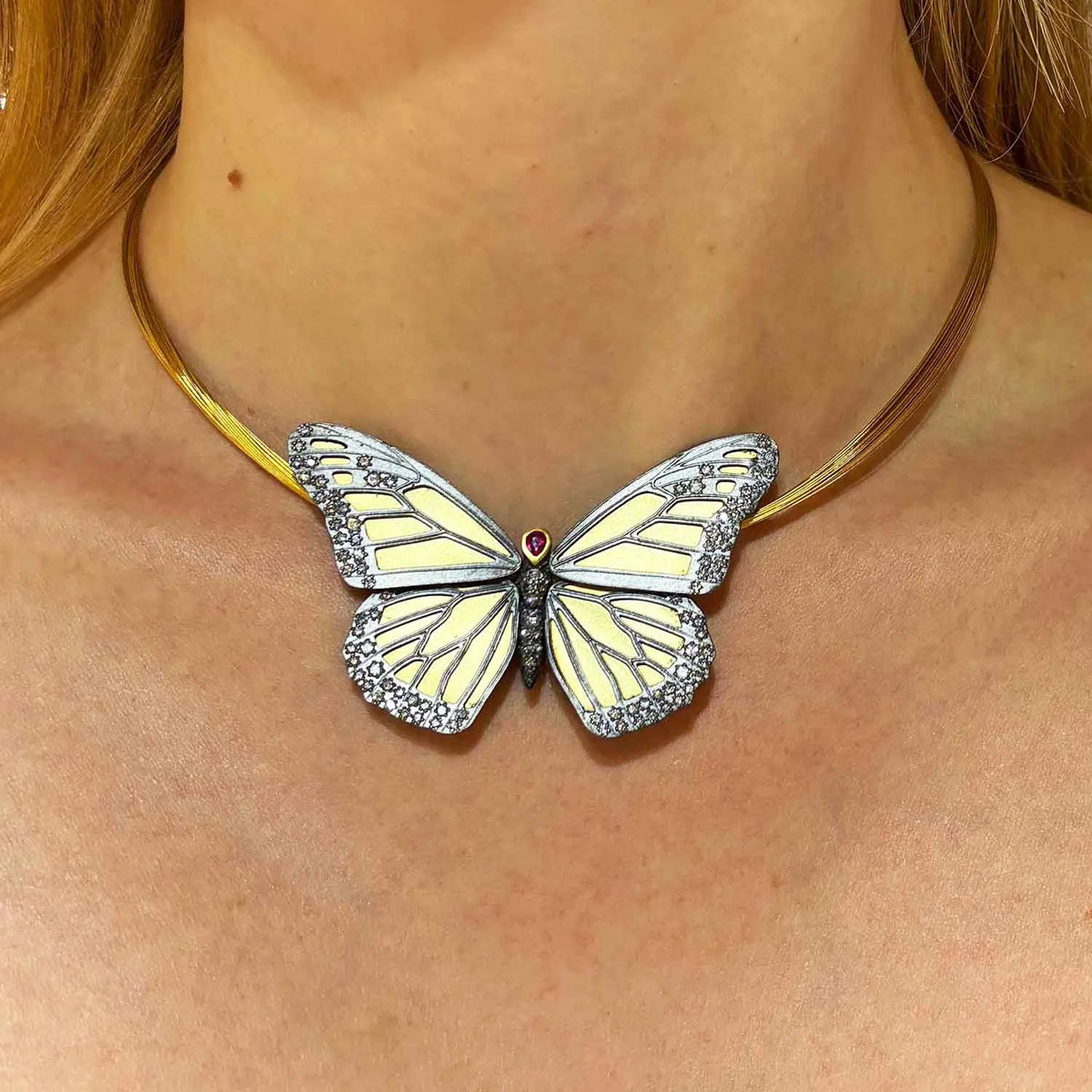 Monarch Butterfly Statement Pendant Necklace on white female model | Rebecca Myers Collection