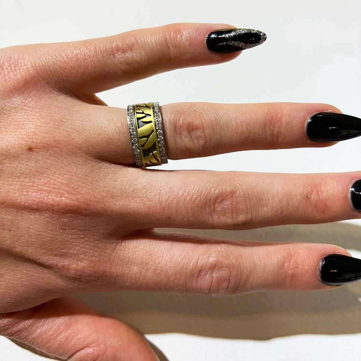 Gold & Silver Monarch Butterfly Print and Diamond Ring, on white female model | Rebecca Myers Collection