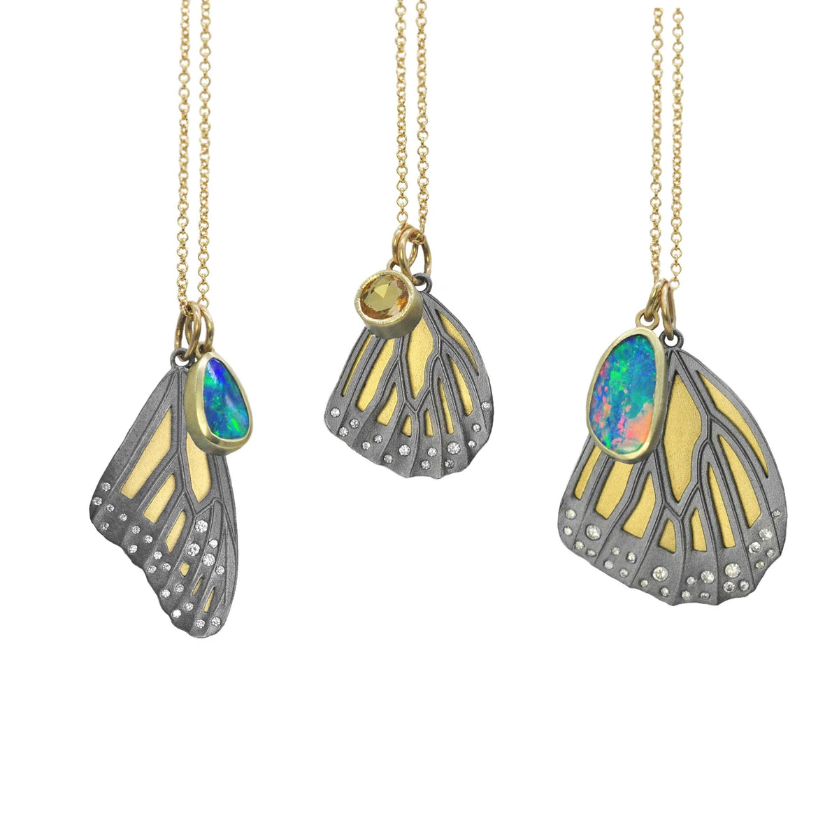 Gold & Silver Monarch Butterfly Wing Pendants with Scattered Diamonds and Boulder Opals and Yellow Sapphire Charms| Rebecca Myers Collection