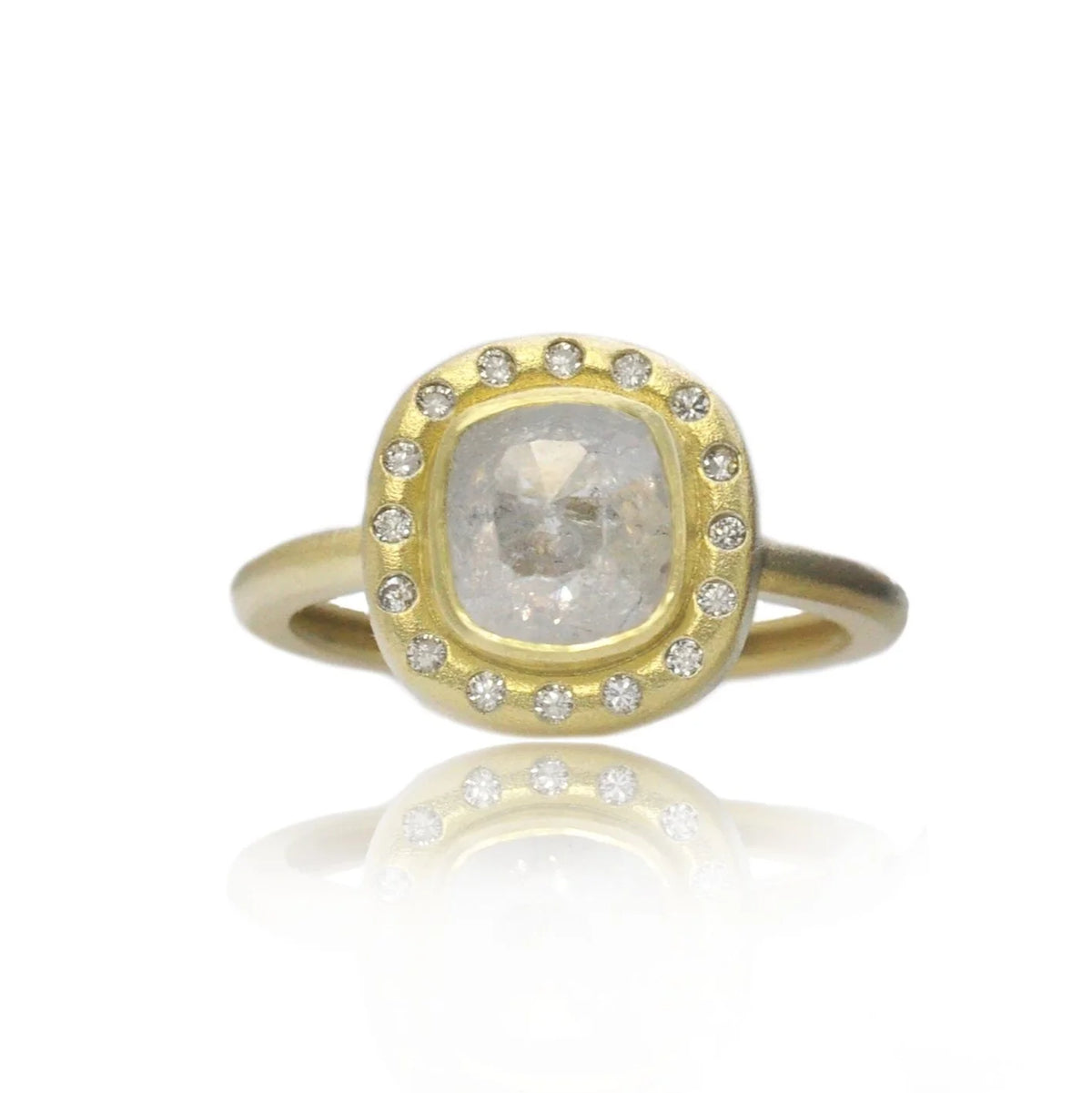 Light Gray Cushion Cut Natural Diamond Halo Ring | Rebecca Myers Collection