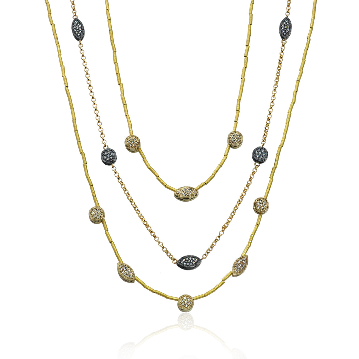 Three Gold & Oxidized Silver Handmade Diamond Bead Necklaces | Rebecca Myers Collection