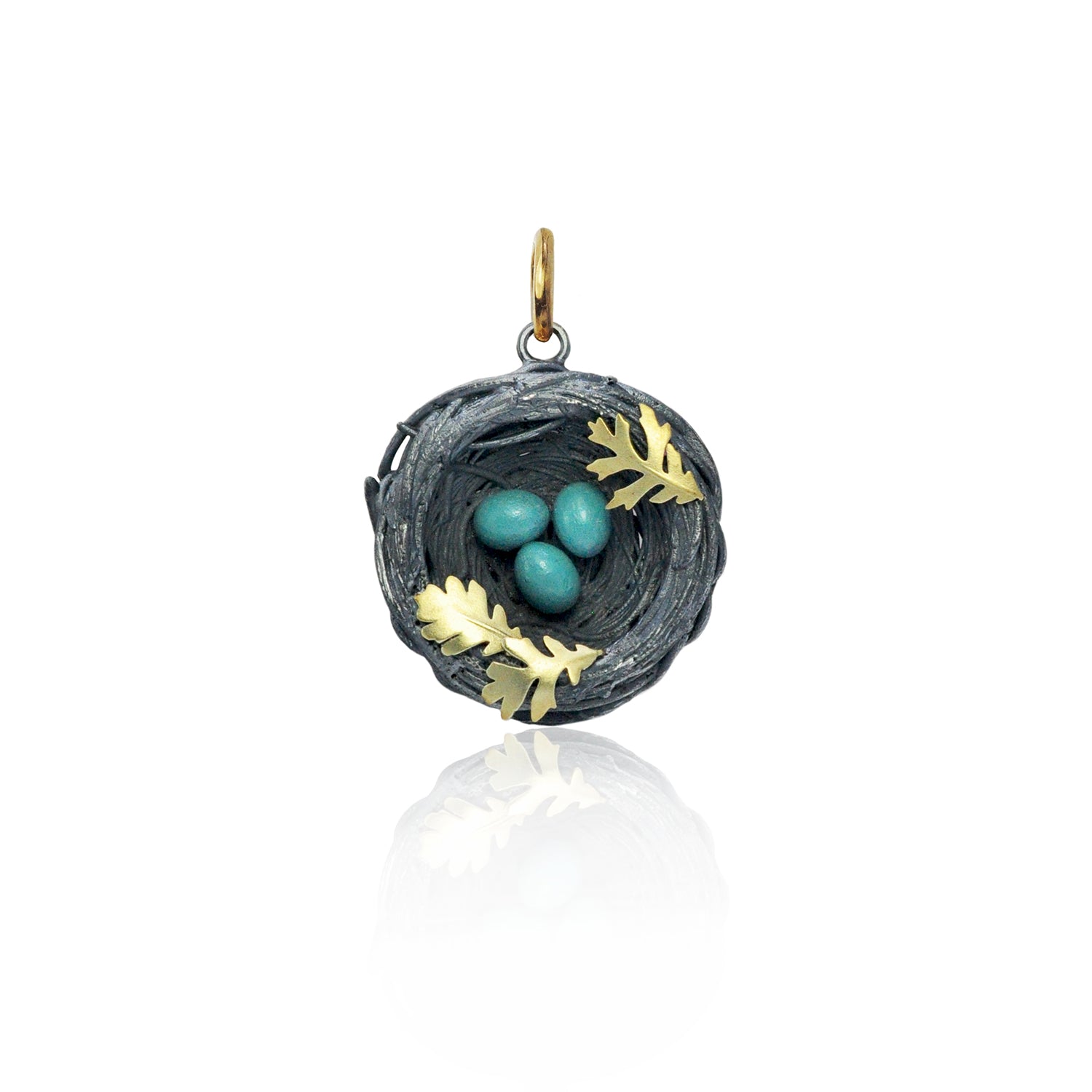 Small Nest Pendant with 3 Blue Enamel Eggs & 3 Gold Oak Leaves | Rebecca Myers Design