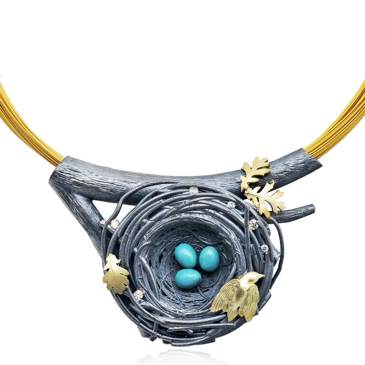 Large Nest Pendant Coil Necklace with Blee Eggs, Leaves, & Bird | Rebecca Myers Collection