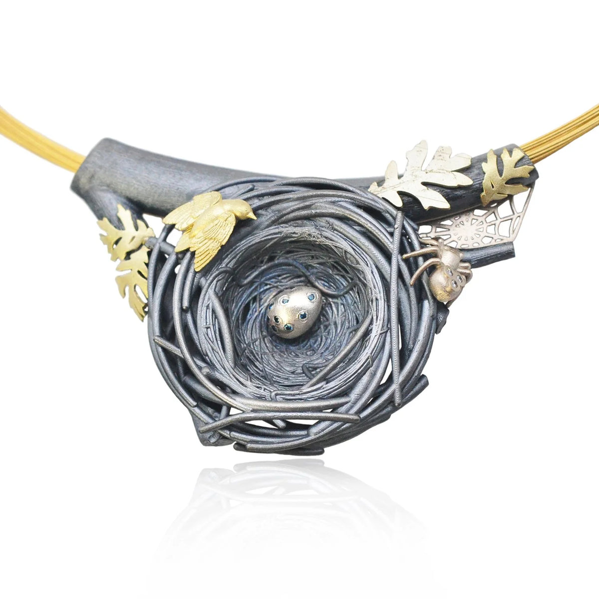 Large Nest Pendant Coil Necklace with Spider & Web, Bird, & Leaves | Rebecca Myers Collection