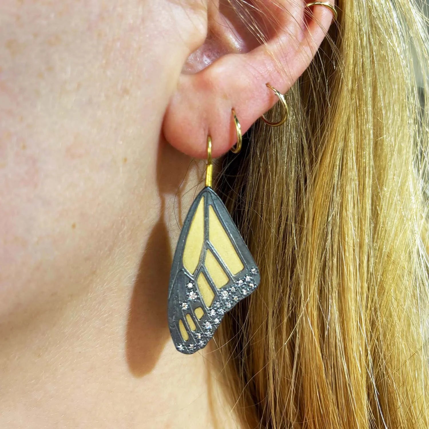 Gold & Silver Monarch Wing Earrings with Scattered Diamonds | Rebecca Myers Collection