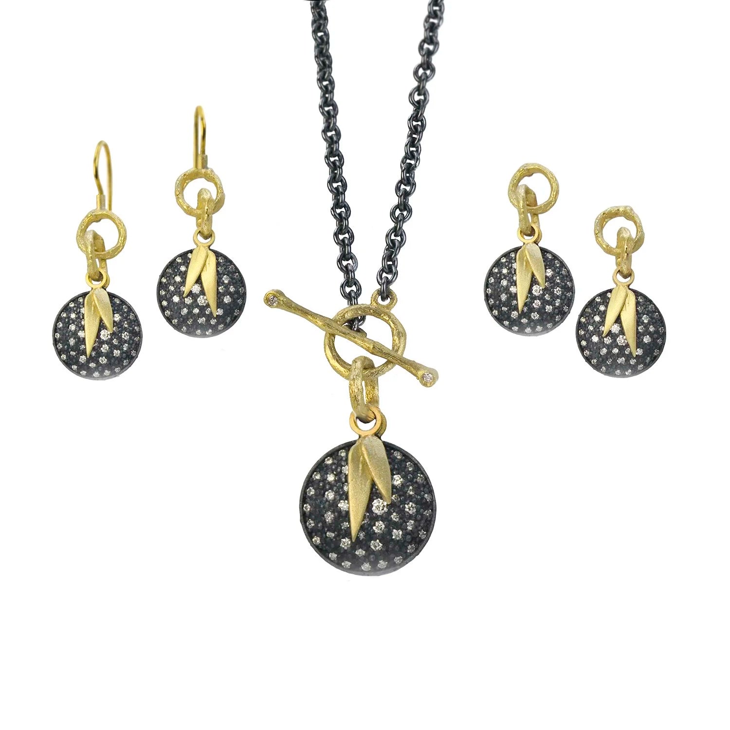 Pave Disc with Bamboo Leaf Charms Jewelry Set | Rebecca Myers Collection