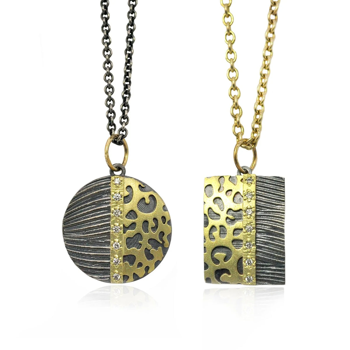 Gold and Silver Cheetah Print Pendants with Diamonds | Rebecca Myers Collection