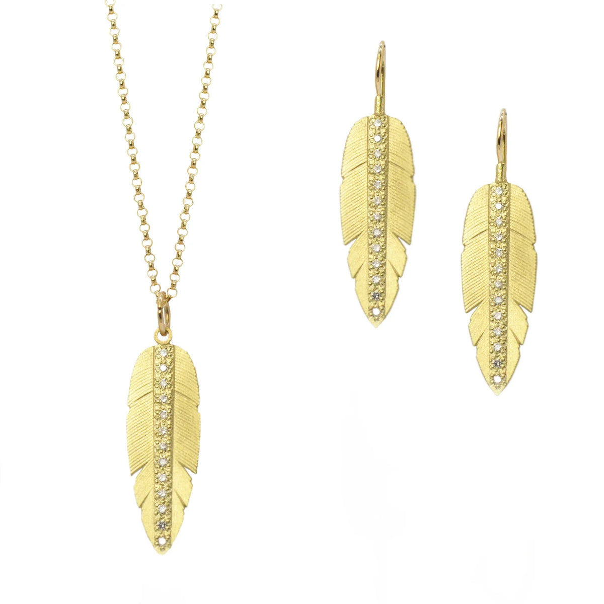 Large Gold & Diamond Feather Jewelry Set | Rebecca Myers Collection