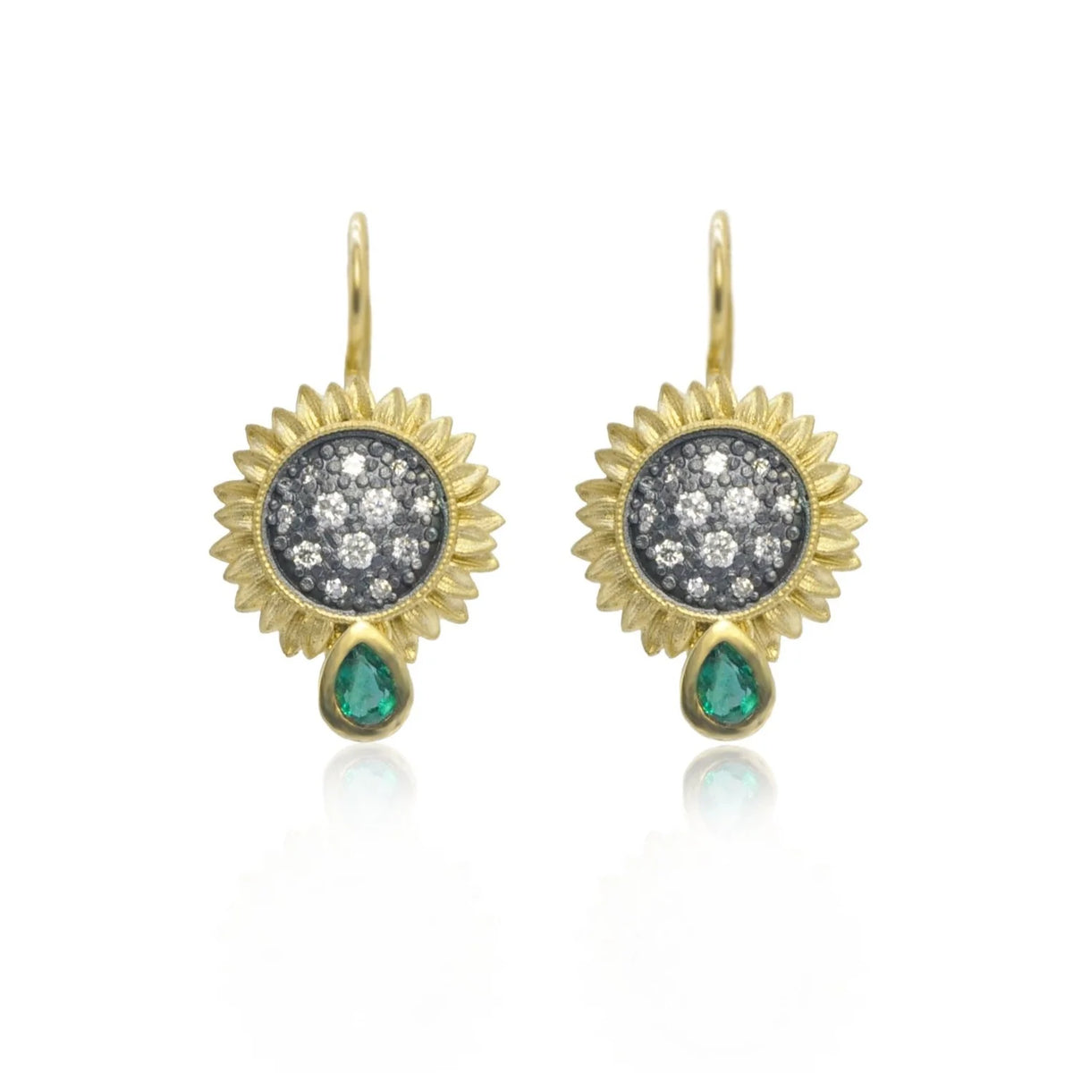 Small Pave Diamond Sunflower with Emerald Teardrop Earrings | Rebecca Myers Collection