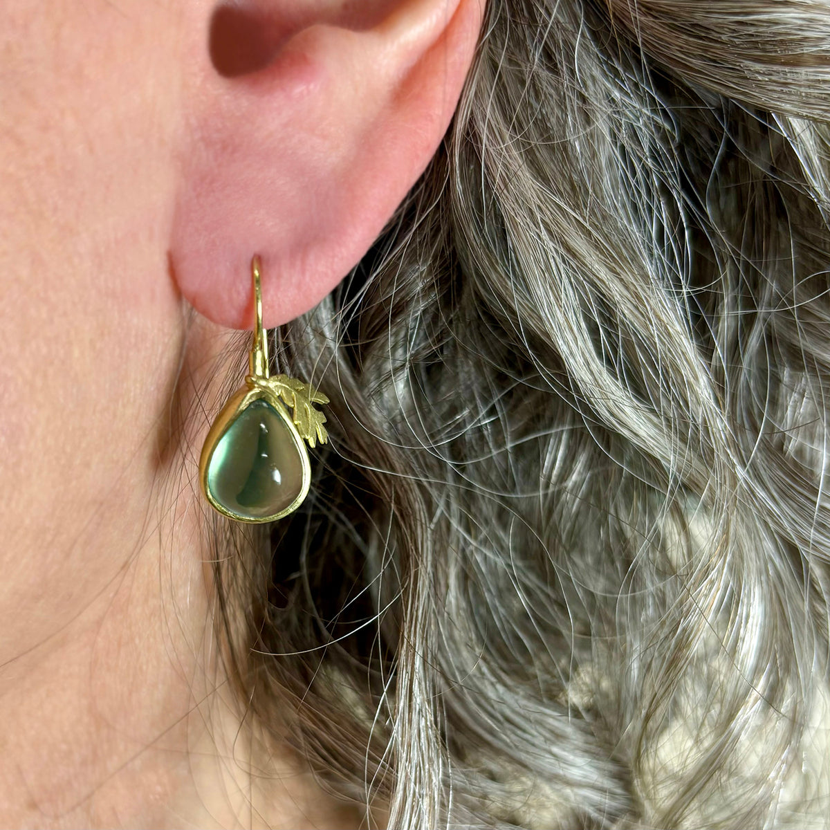 Prehnite & Gold Oak Leaf Earrings on white female model | Rebecca Myers Collection