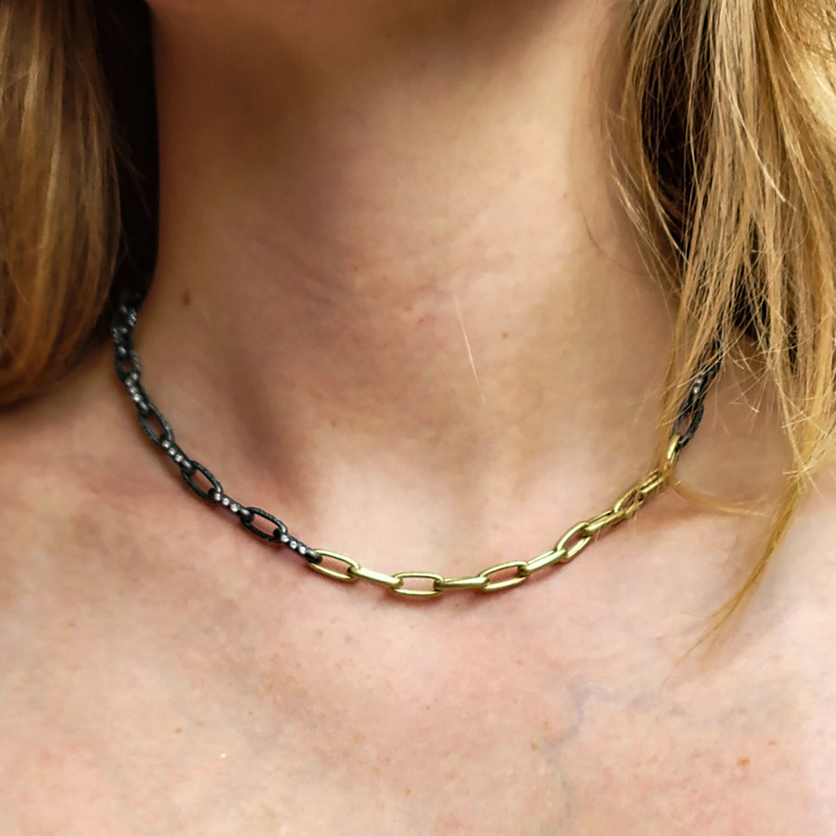 Oblong Link Bracelet in Gold, Oxidized Silver with Diamonds