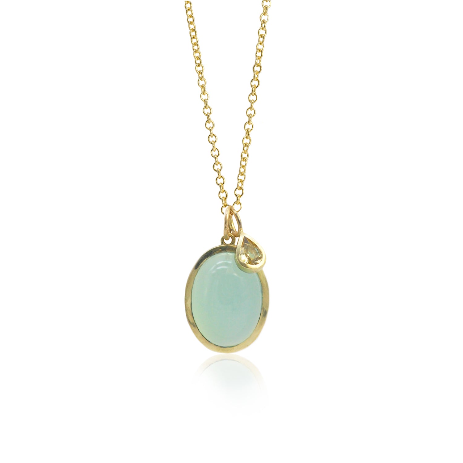 Faceted Yellow Sapphire Teardrop Charm on Gold Cable Chain + Large Oval Chalcedony Cabochon Charm | Rebecca Myers Collection