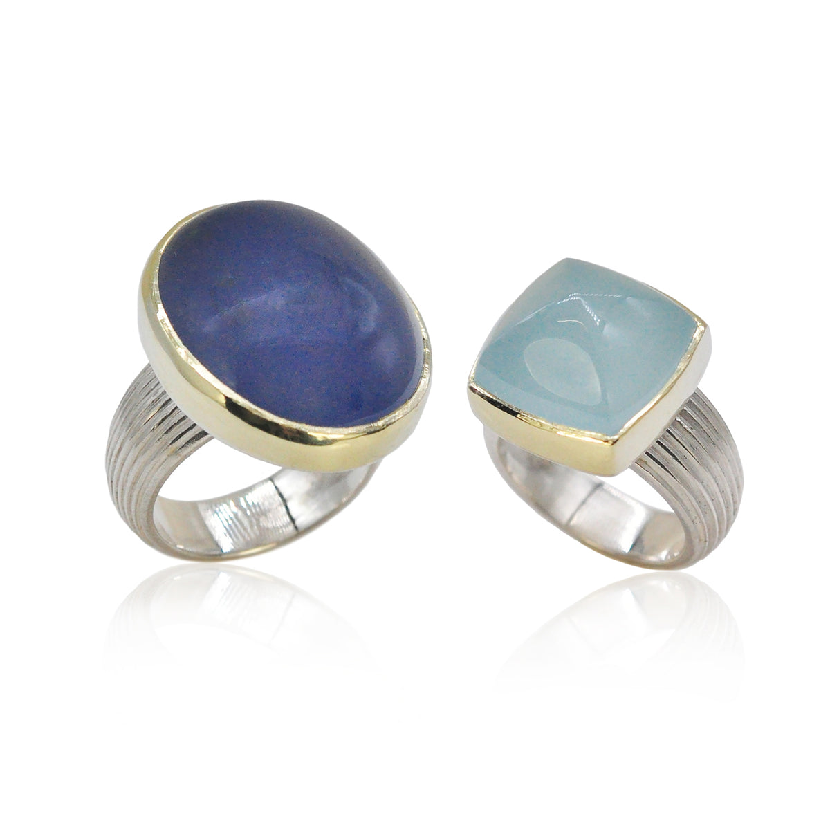 Oval Lavender Chalcedony & Sugarloaf Aquamarine Rings | Rebecca Myers Collection