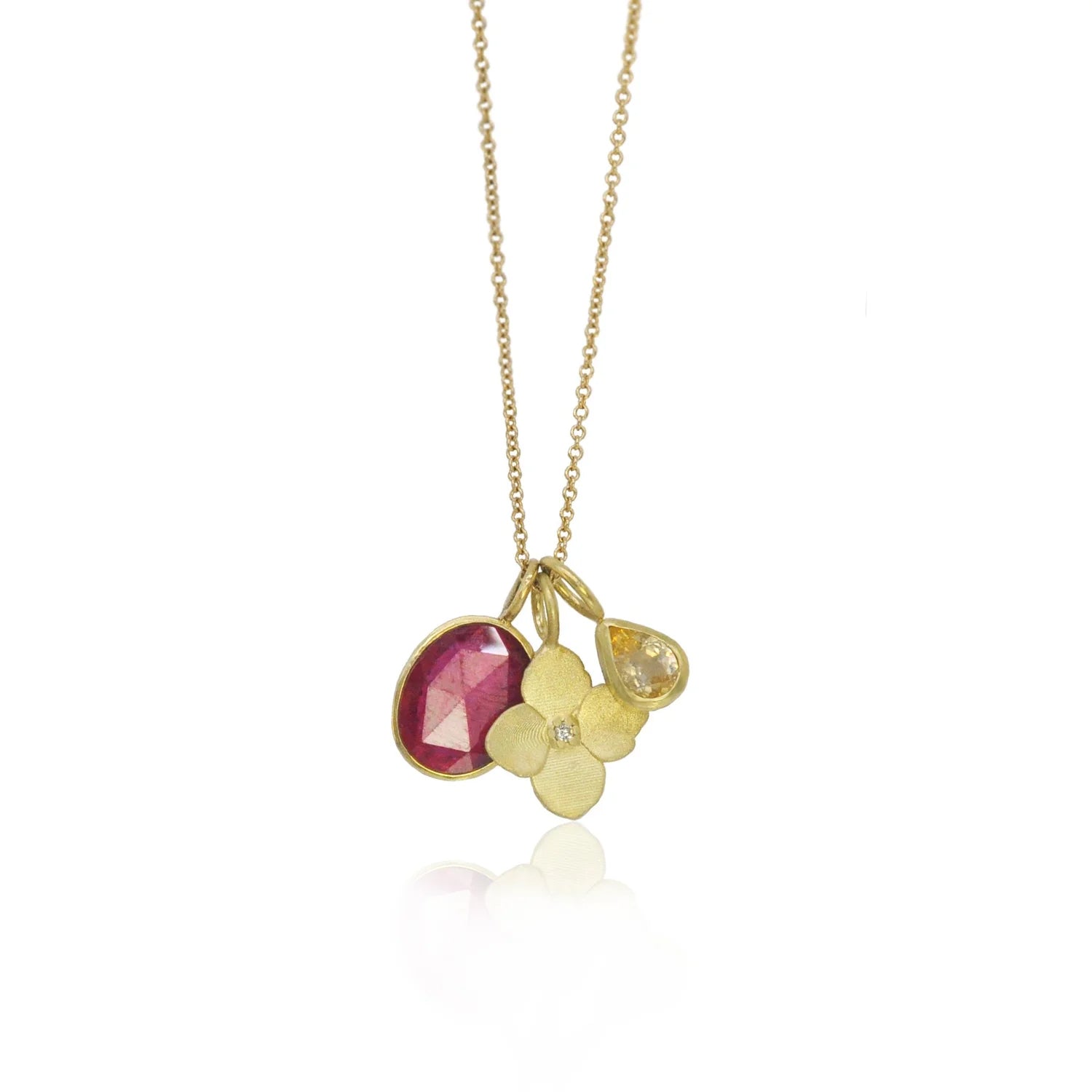 Oval Faceted Ruby, Gold Hydreangea, Yellow Sapphire Teardrop Charms on Gold Cable Chain | Rebecca Myers Collection