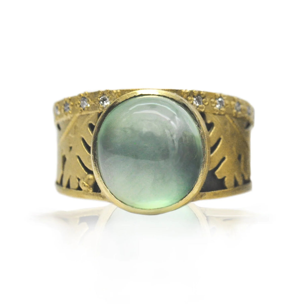 Oval Prehnite, Gold, & Silver Oak Leaf Ring with Diamond Edge | Rebecca Myers Design