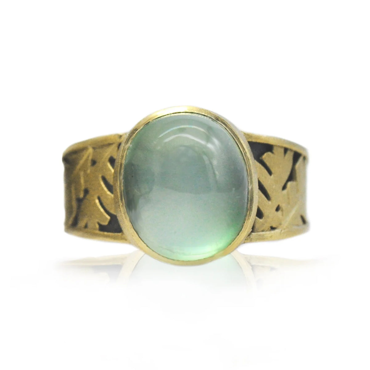 Oval Prehnite, Gold, & Silver Oak Leaf Ring | Rebecca Myers Design
