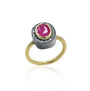 Oval Ruby Halo Ring on thin gold band | Rebecca Myers Collection