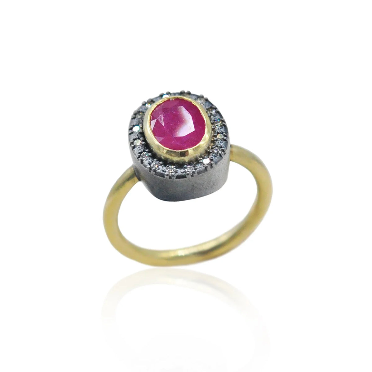 Oval Ruby Halo Ring on thin gold band | Rebecca Myers Collection