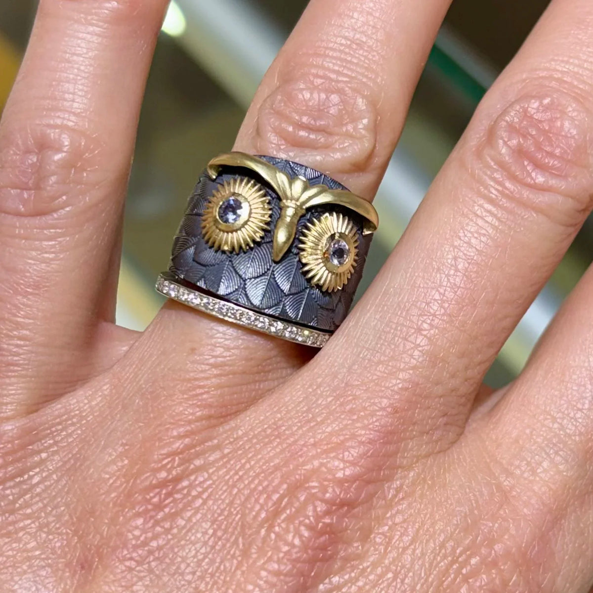 Owl Ring on white female model | Rebecca Myers Collection