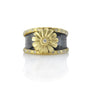 Oxidized Silver Feather Ring with Yellow Gold Shasta Daisy & Pave Diamond Edges | Rebecca Myers Collection