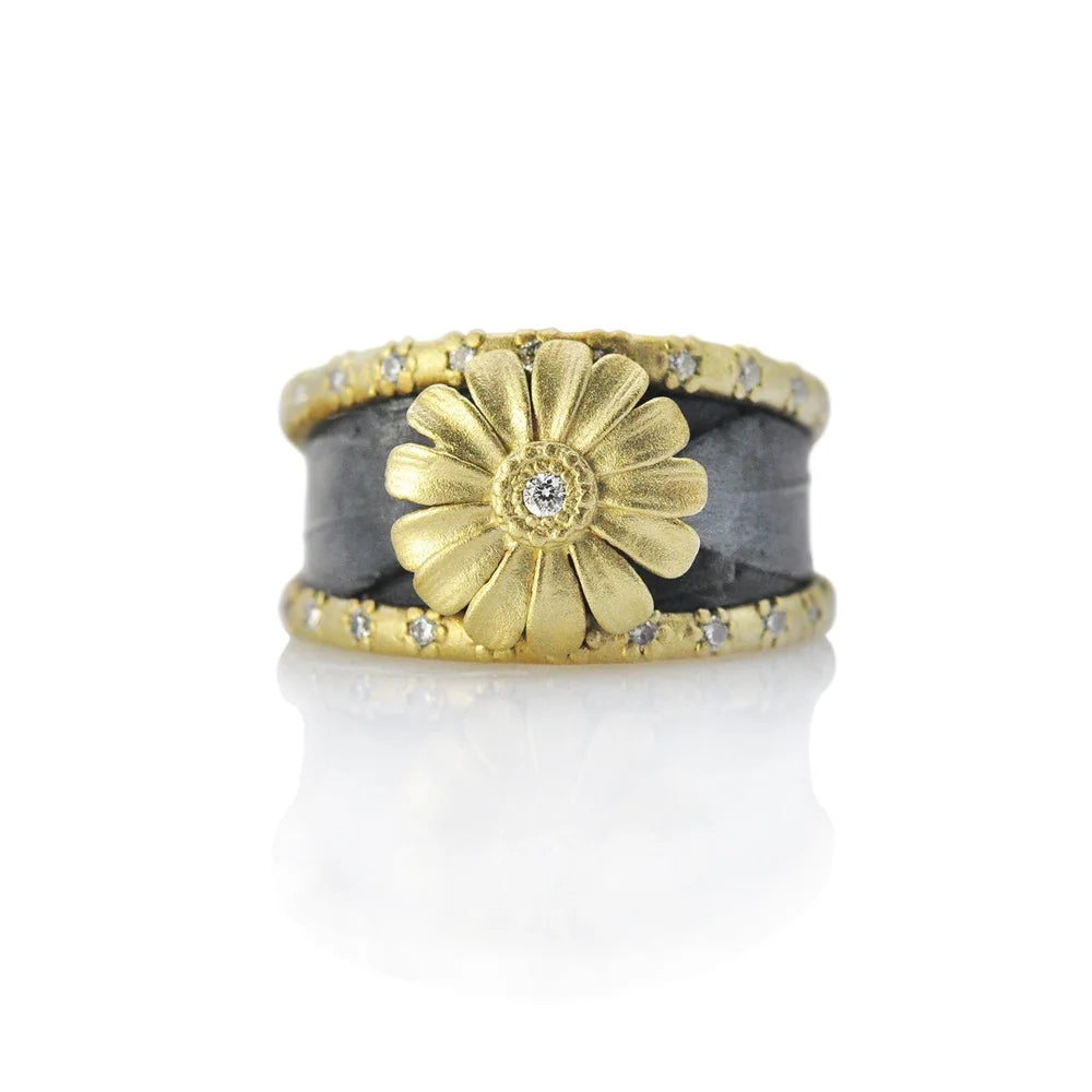Oxidized Silver Feather Ring with Yellow Gold Shasta Daisy & Pave Diamond Edges | Rebecca Myers Collection