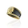Oxidized Silver Feather Ring with Yellow Gold Shasta Daisy & Pave Diamond Edges | Rebecca Myers Collection