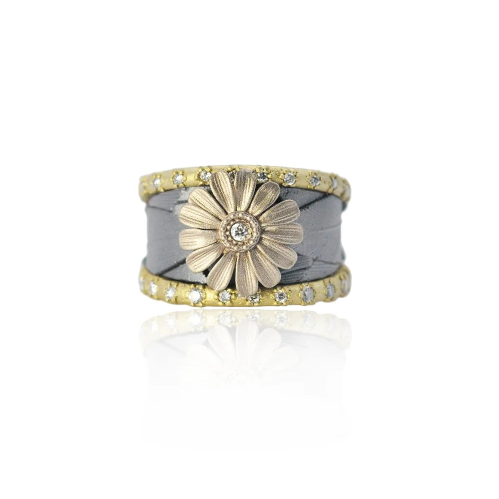 Oxidized Silver Feather Band with White Gold Shasta Daisy & Pave Diamond Edges | Rebecca Myers Collection