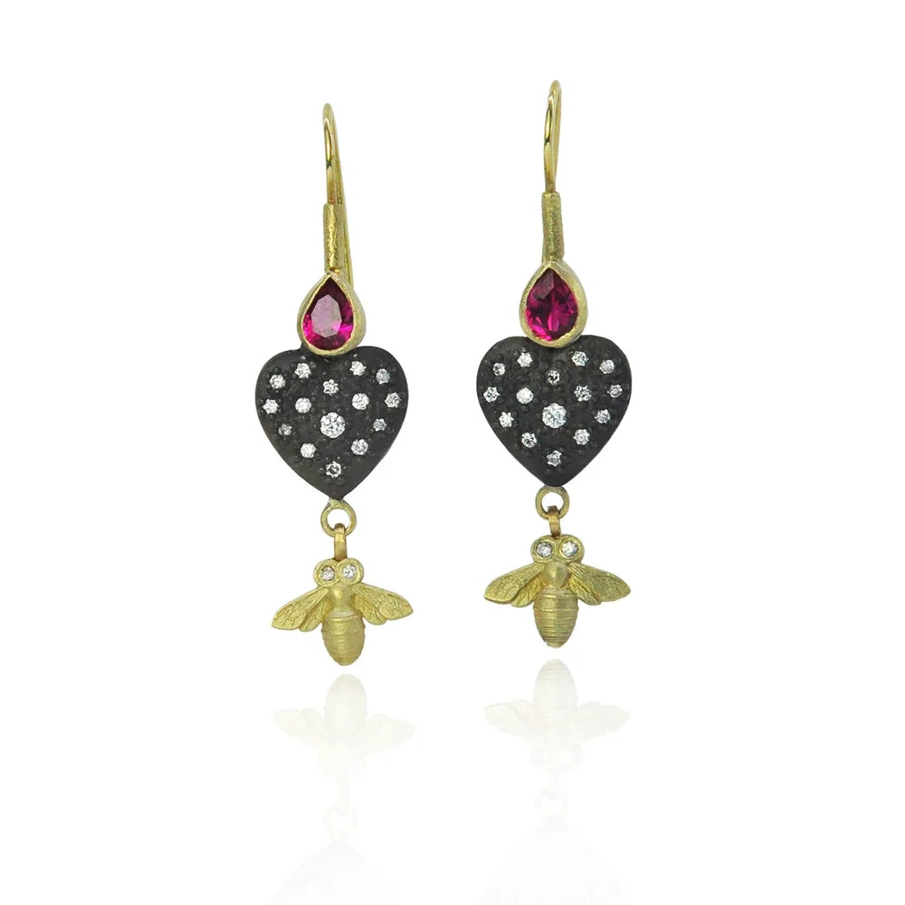 Heart Earrings with Ruby Tops and Bee Dangles | Rebecca Myers Collection